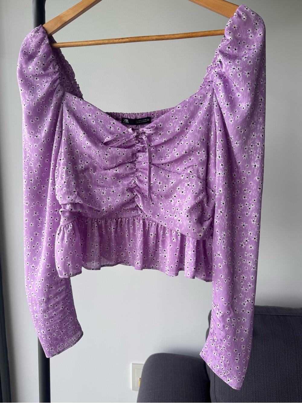 Floral Ruched Lilac Long-Sleeve Crop Top